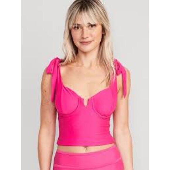 Old Navy Women's L Tie-Shoulder Underwire Tankini Swim Top Flamingo Pink Bright‎ - Picture 1 of 5